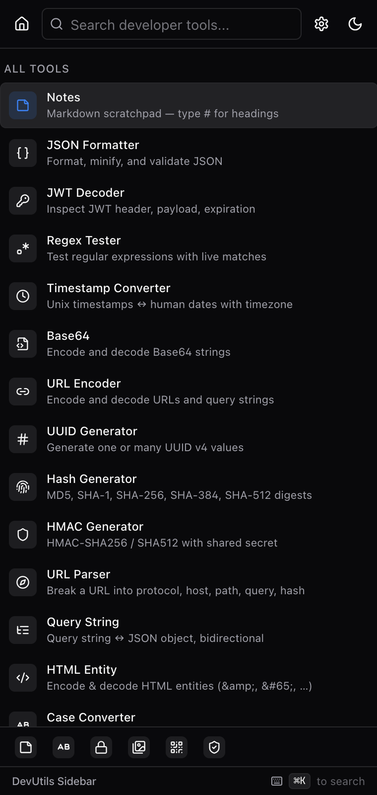 DevUtils Sidebar — tool browser in Chrome's side panel